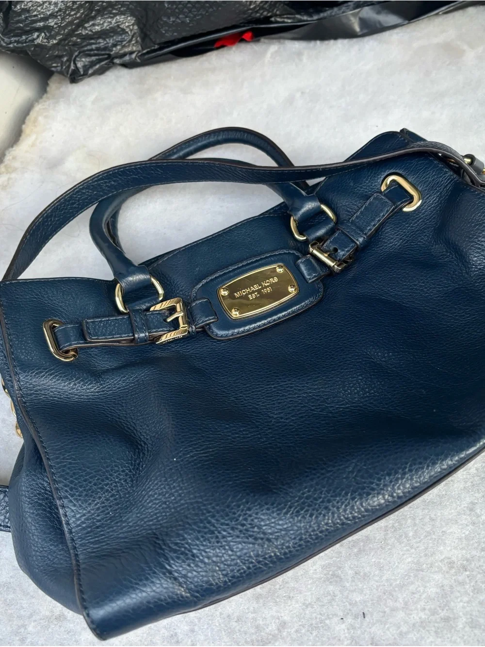 Michael Kors Dark Navy Pebbled Leather Satchel with Gold Hardware